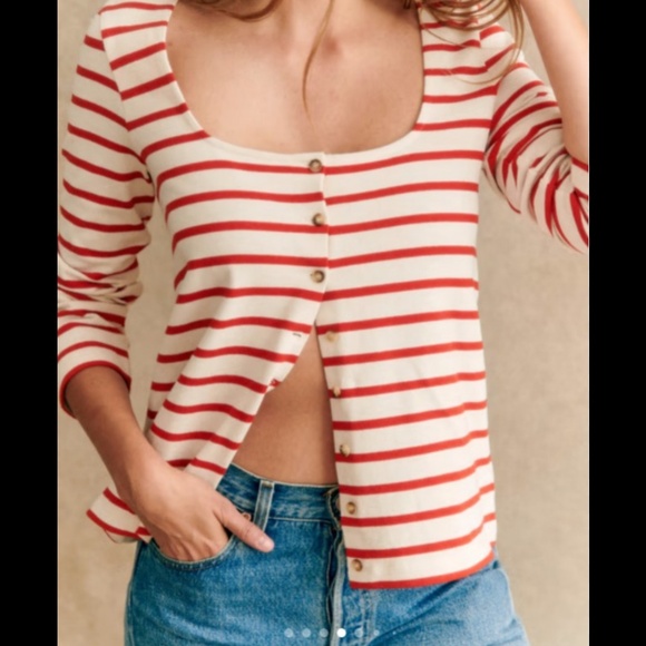 Sezane Linéa Marinière Ecru/ Bright Red - Size XXL - Picture 2 of 7